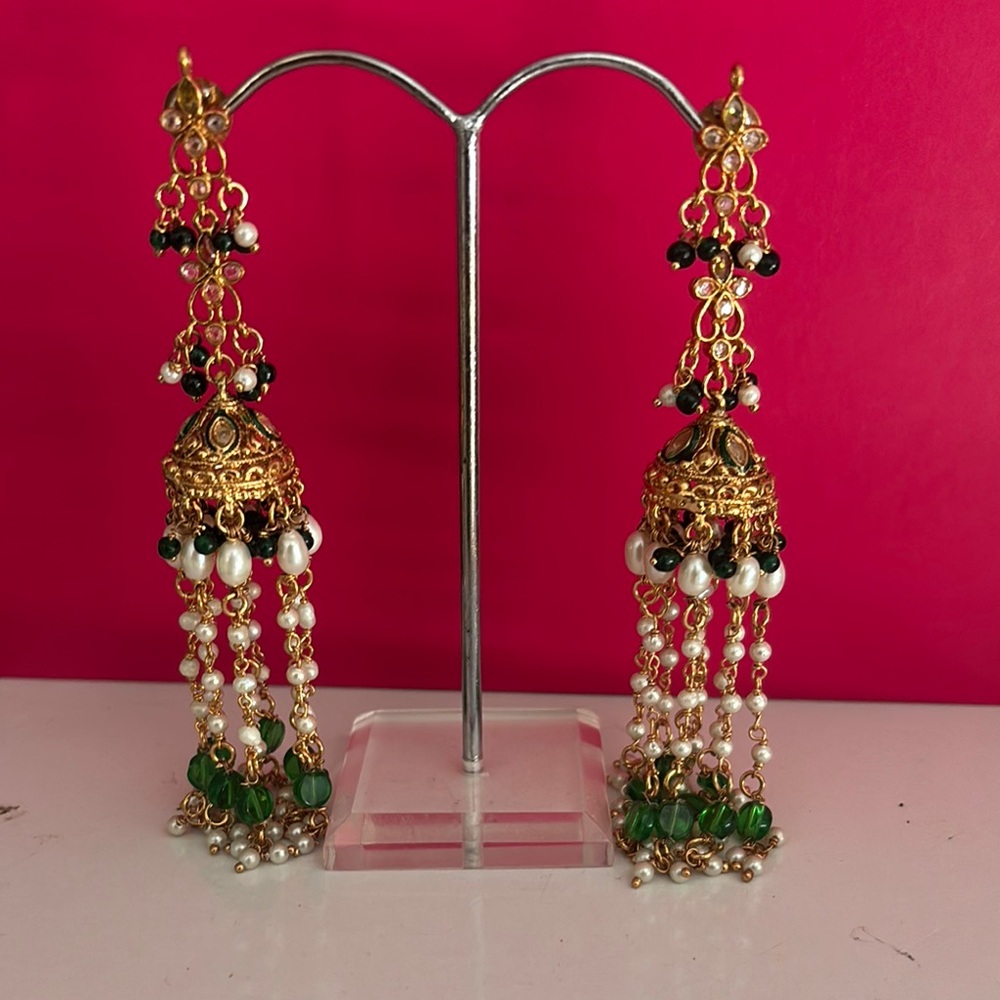 Gold and Green Chandelier Earrings